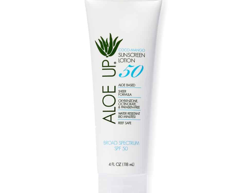 Aloe Up White Collection SPF 50 lotion. Aloe based sunscreen with coco mango fragrance